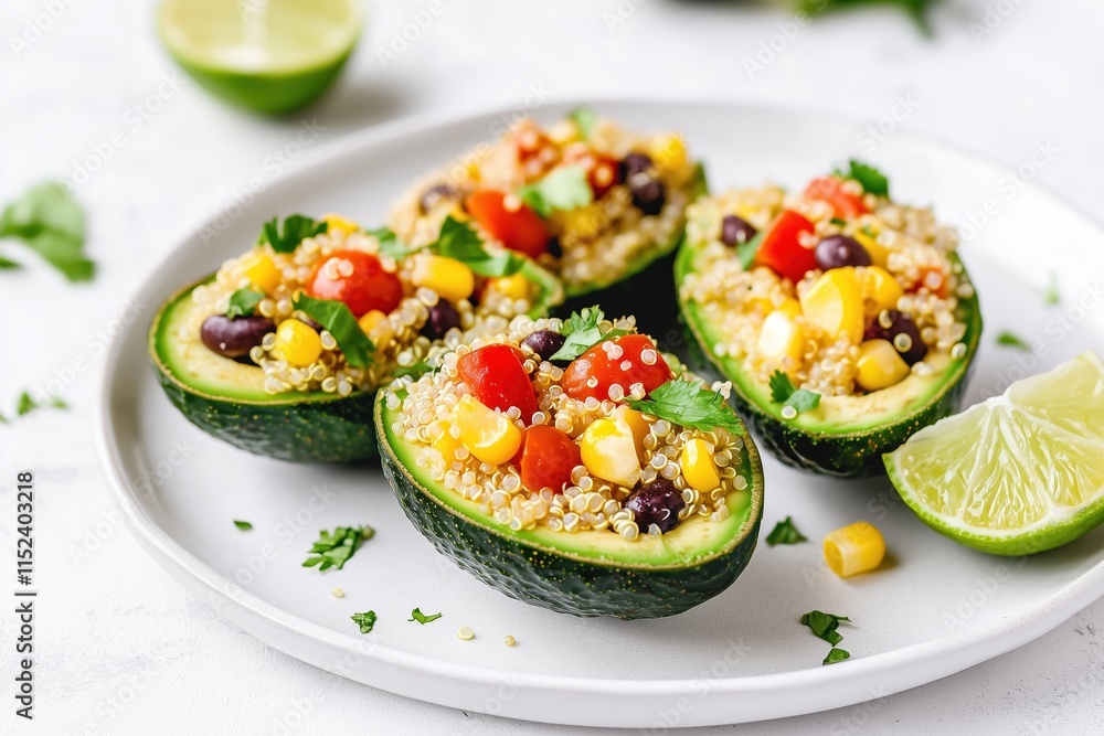 Avocado halves filled with a quinoa salad, brain-boosting lunch, nutrient-packed and delicious. Avocado halves filled with a quinoa salad, brain-boosting lunch, nutrient-packed and delicious.