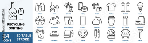 Recycling and sorting web line icons. Recycling thin line icons isolated on white. Plastic, glass, food. Ecology icon set. Environment.