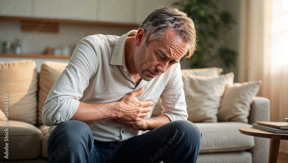 Man adult holds his hand to his heart during an attack at home Man adult holds his hand to his heart during an attack at home