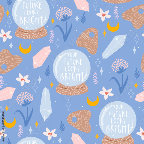 Cute Pastel Seamless Pattern with Crystal Ball, Ouija Board, Crystals, Moons, and Flowers on a Blue Background