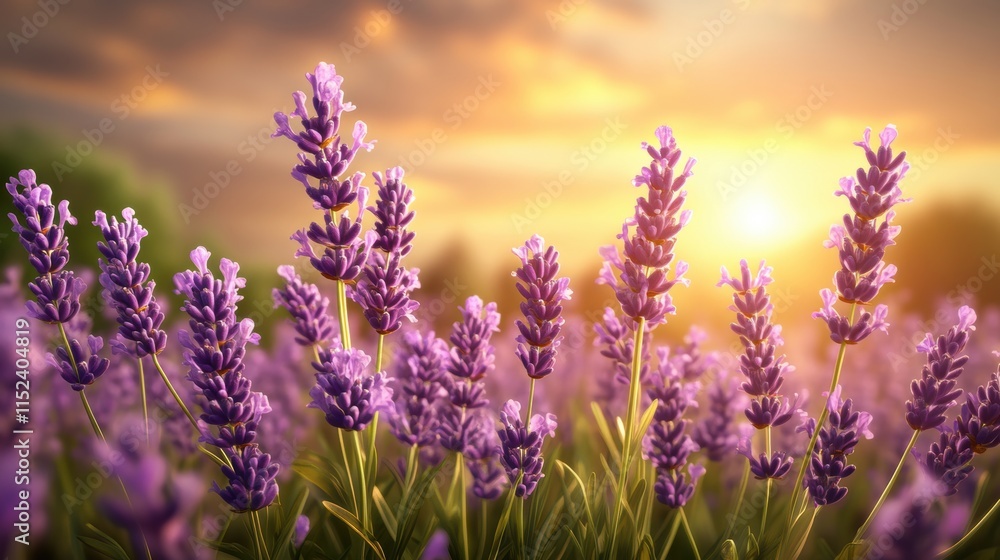 Fototapeta premium lavender field at sunset, lavender field at sunset with room for text in the sky, bathed in soft golden light