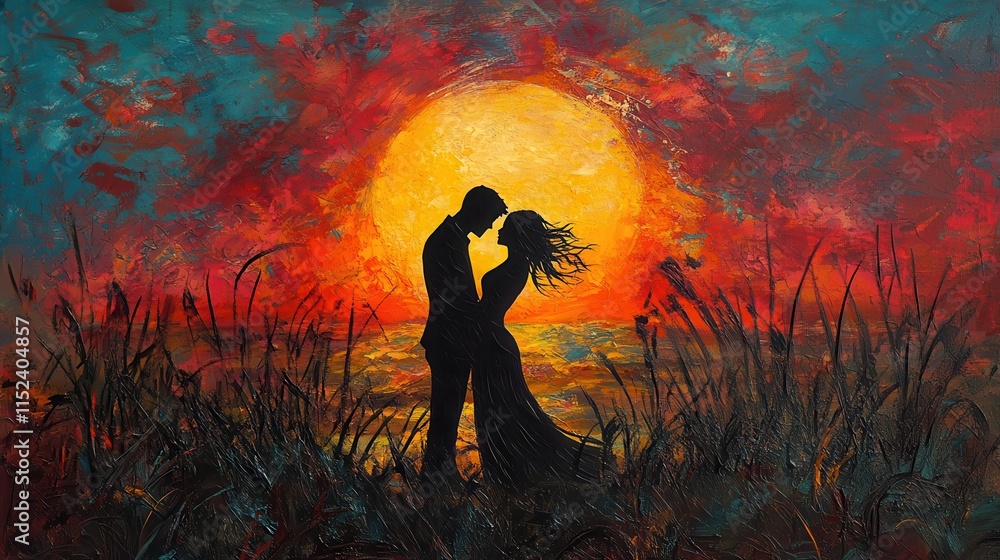 Fototapeta premium Silhouettes of a couple embracing against a vibrant sunset, capturing a moment of connection and warmth.