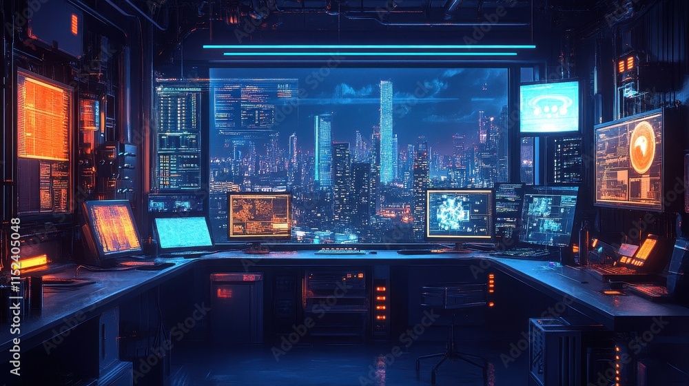 Sleek, modern lab with glowing screens, complex machinery, and a large window showcasing a city skyline. Sleek, modern lab with glowing screens, complex machinery, and a large window showcasing a city skyline.