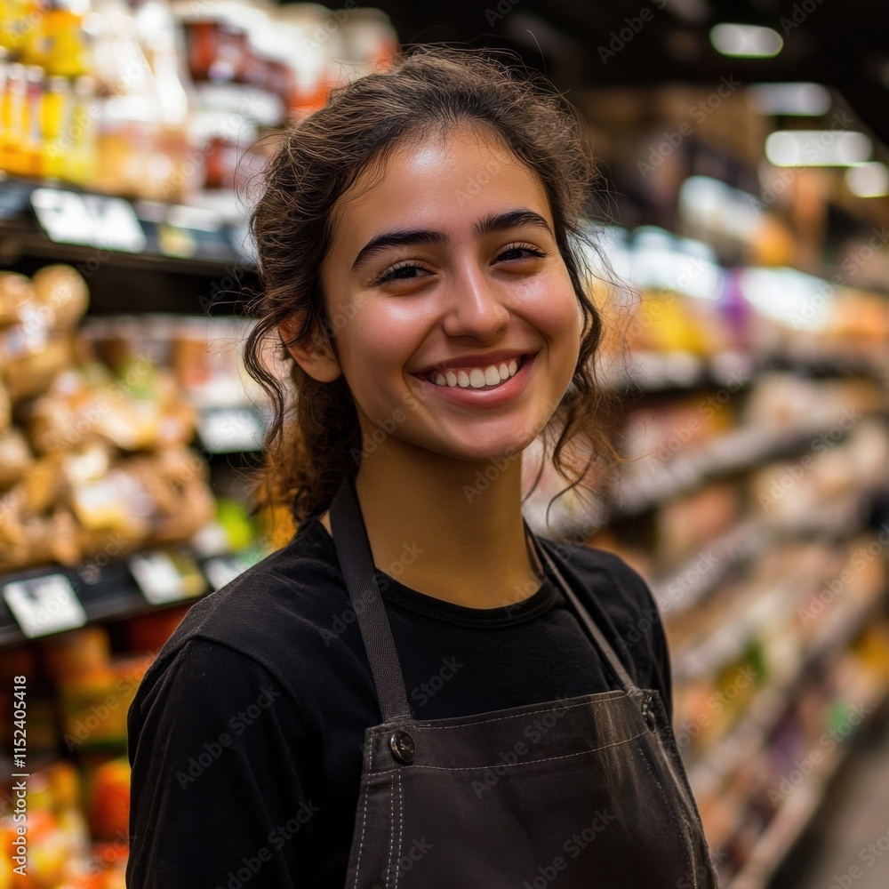 woman wearing an apron smiling in a grocery store woman wearing an apron smiling in a grocery store