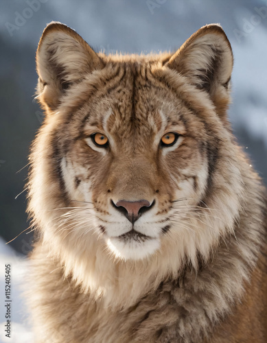 portrait of wild animals in snow, like tigers, lynxes, and wolves.