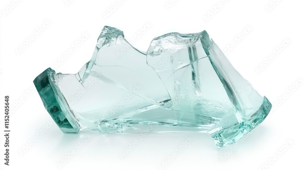 Fototapeta premium Broken glass shards, light teal, isolated on white background.