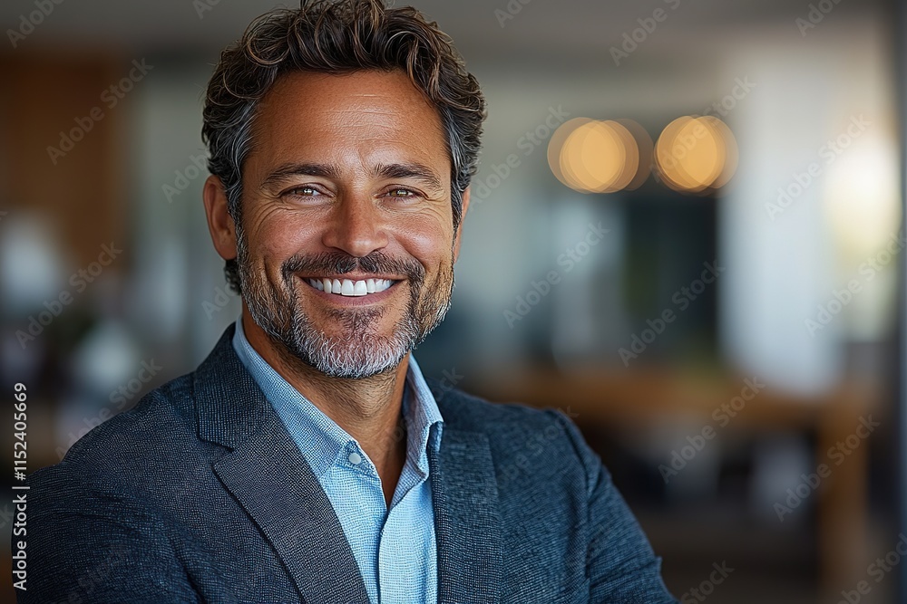 Confident man smiles warmly, showcasing professional appearance Confident man smiles warmly, showcasing professional appearance