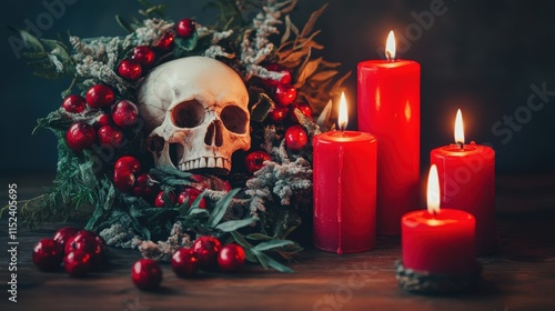 Still life with skull in wreath and candles