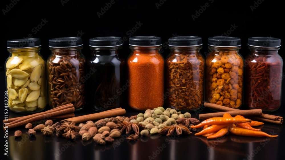 Flavor Essentials A Vibrant Assortment of Spices in Glass Jars, A Culinary Still Life Flavor Essentials A Vibrant Assortment of Spices in Glass Jars, A Culinary Still Life