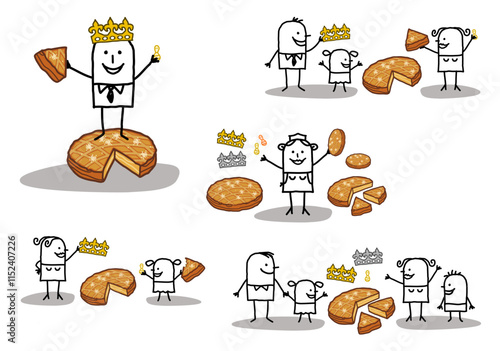 Set of five illustrations - Hand drawn cartoon stick characters celebrating  the Three Kings day with Epiphany cakes, crowns and beans -
