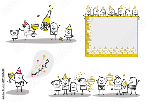 Set of four illustrations - Hand drawn cartoon stick characters celebrating New Year's Eve with champagne and funny hats