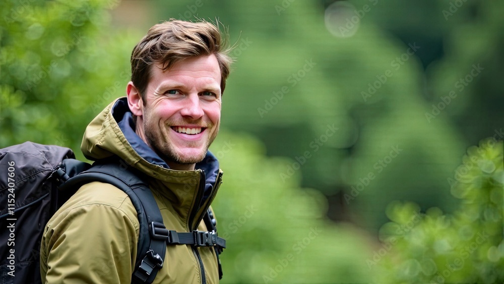 A mountain guide smiling at the camera. He has short, dark hair and is dressed in a rugged, weatherproof jacket with a backpack secured to his waist. The background is a soft green A mountain guide smiling at the camera. He has short, dark hair and is dressed in a rugged, weatherproof jacket with a backpack secured to his waist. The background is a soft green