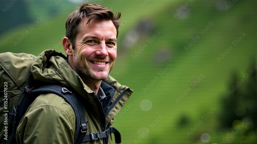 A mountain guide smiling at the camera. He has short, dark hair and is dressed in a rugged, weatherproof jacket with a backpack secured to his waist. The background is a soft green A mountain guide smiling at the camera. He has short, dark hair and is dressed in a rugged, weatherproof jacket with a backpack secured to his waist. The background is a soft green