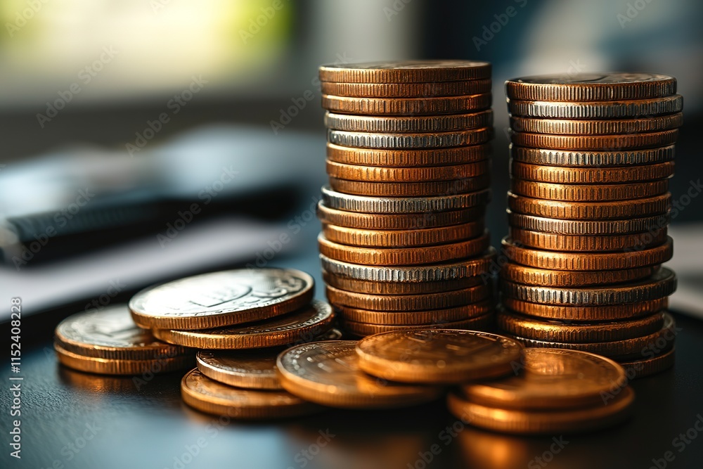 Stacks of shiny coins arranged on dark surface, capturing light Stacks of shiny coins arranged on dark surface, capturing light