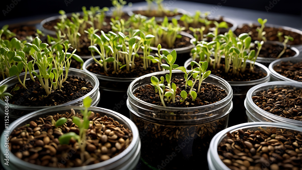 Young Green Seedlings Growing in Small Glass Jars Young Green Seedlings Growing in Small Glass Jars