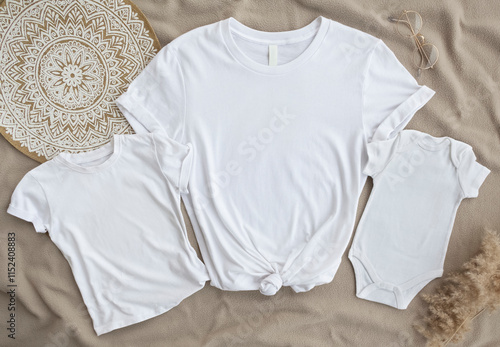 3 blank white t shirts. one adult and two child size. Flat lay family t-shirts and baby bodysuit template, mock up  photo