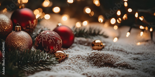 New Year's decor with fir branches decorated with bright balls, shiny elements and pine cones. dark bokeh background. New Year's atmosphere. AI generated