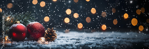 New Year's decor with fir branches decorated with bright balls, shiny elements and pine cones. dark bokeh background. New Year's atmosphere. AI generated