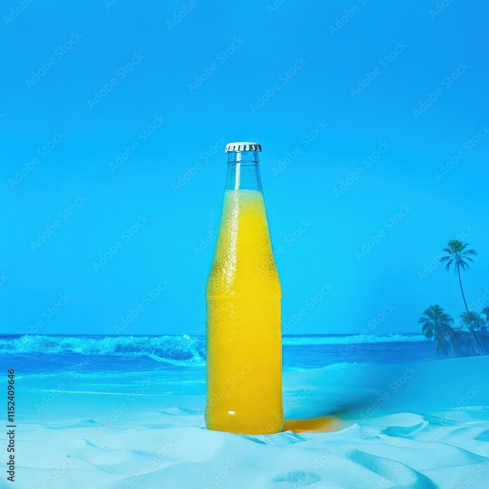 Refreshing Lemon Fizzy Drink Bottle at a Sunny Beach With Ocean Waves. Generative AI Refreshing Lemon Fizzy Drink Bottle at a Sunny Beach With Ocean Waves. Generative AI