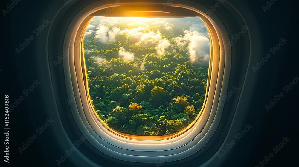Sunrise over lush green rainforest viewed from airplane window. Sunrise over lush green rainforest viewed from airplane window.