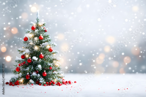 Christmas tree decorated with New Year's decorations. stands in a snowy forest. the white background is blurred with a bokeh effect creating a fabulous atmosphere. New Year