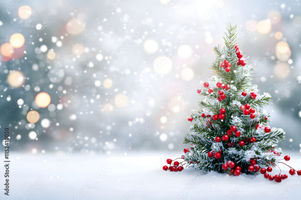 Christmas tree decorated with New Year's decorations. stands in a snowy forest. the white background is blurred with a bokeh effect creating a fabulous atmosphere. New Year Christmas tree decorated with New Year's decorations. stands in a snowy forest. the white background is blurred with a bokeh effect creating a fabulous atmosphere. New Year