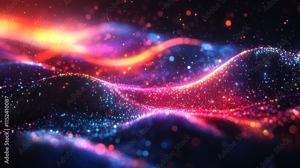 Obraz premium Abstract wavy particles illuminated with vibrant neon colors forming fluid, dynamic wave-like patterns in deep space, with sparkling points of light creating a cosmic atmosphere. Background