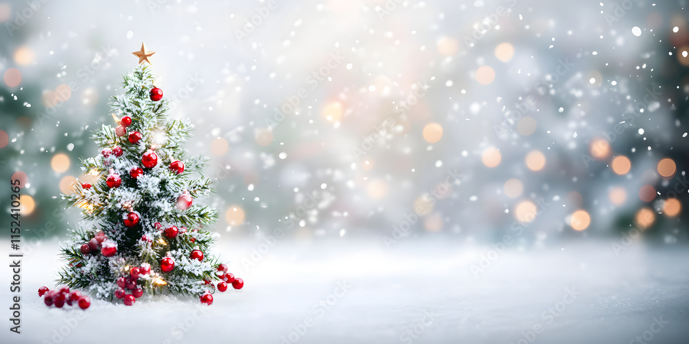 Christmas tree decorated with New Year's decorations. stands in a snowy forest. the white background is blurred with a bokeh effect creating a fabulous atmosphere. New Year Christmas tree decorated with New Year's decorations. stands in a snowy forest. the white background is blurred with a bokeh effect creating a fabulous atmosphere. New Year