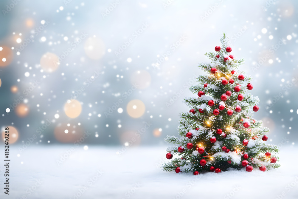Christmas tree decorated with New Year's decorations. stands in a snowy forest. the white background is blurred with a bokeh effect creating a fabulous atmosphere. New Year Christmas tree decorated with New Year's decorations. stands in a snowy forest. the white background is blurred with a bokeh effect creating a fabulous atmosphere. New Year