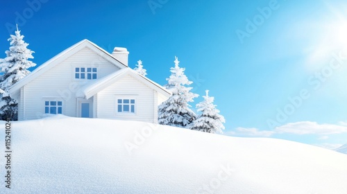 Snowy Mountain Landscape with Wooden Cabin