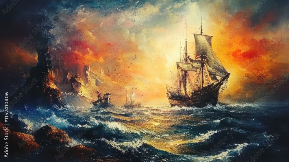 Obraz premium Fisherman, ships,sea landscape,oil paintings