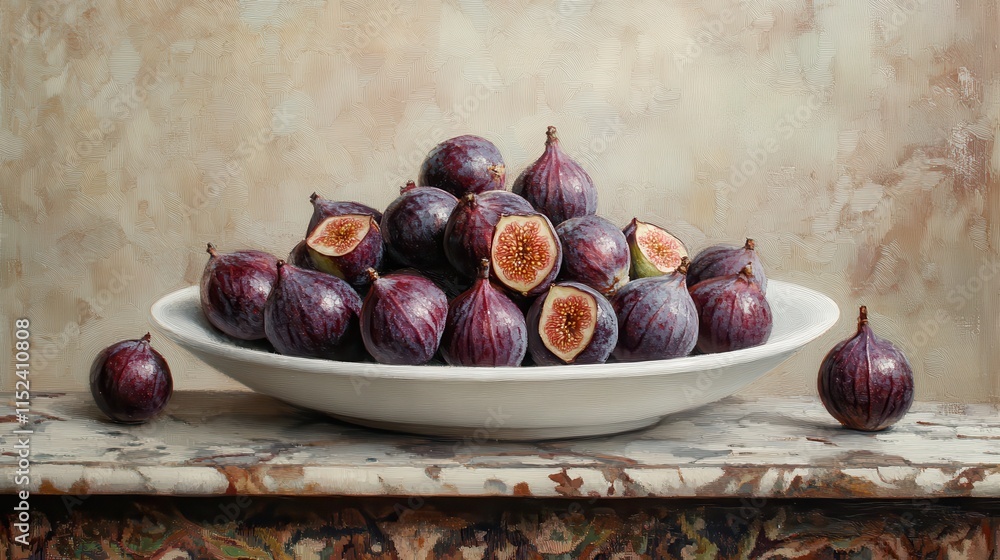 Obraz premium Fresh Figs in White Bowl on Woven Rug