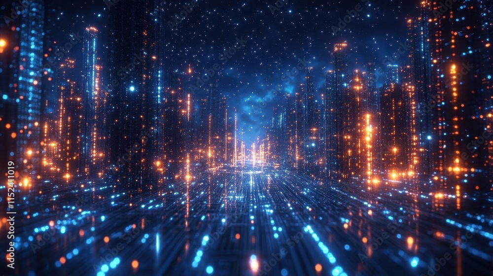 Fototapeta premium Futuristic cityscape with glowing architecture, connected by luminous pathways, surrounded by stars.