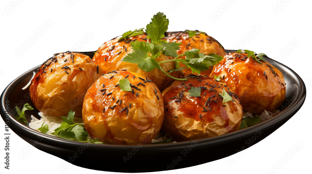 A savory Indian snack, batata vada, featuring golden fried potato dumplings, a street food favorite, studio view, isolated on transparent background. A savory Indian snack, batata vada, featuring golden fried potato dumplings, a street food favorite, studio view, isolated on transparent background.