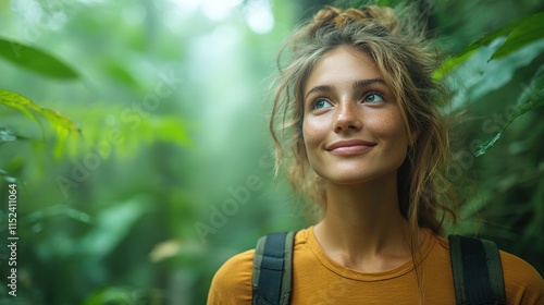 Smiling woman surrounded by lush greenery, capturing adventurous