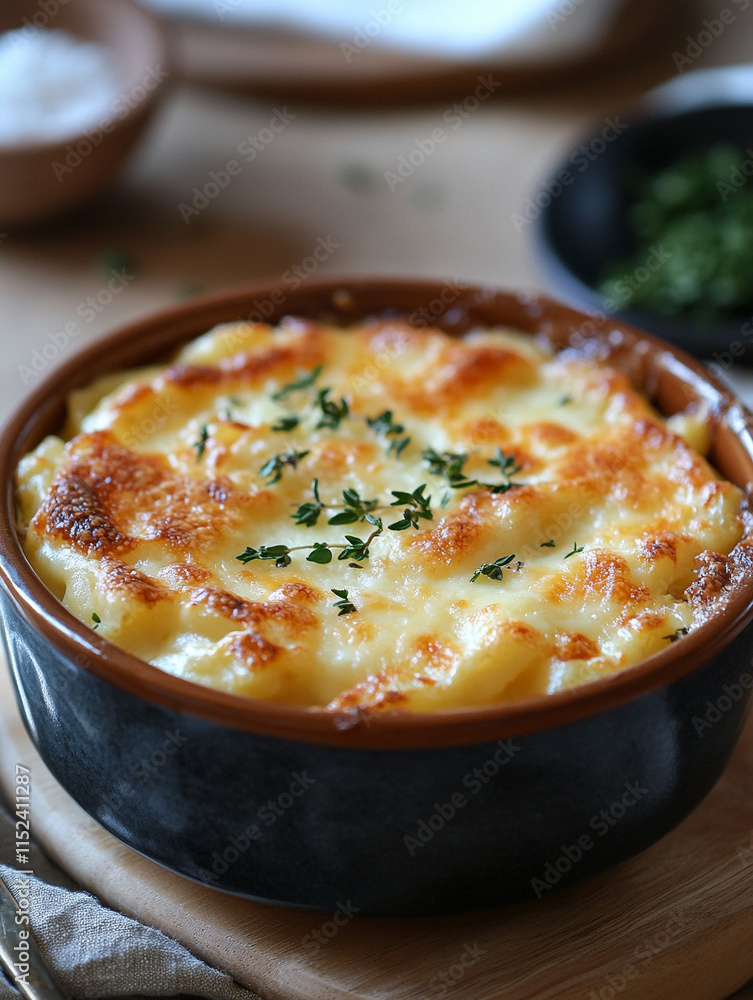 Creamy casserole with golden cheese topping and herbs Creamy casserole with golden cheese topping and herbs