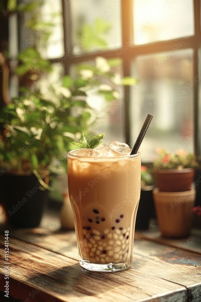 boba tea aesthetic, glass of iced taro milk tea with tapioca pearls on wooden table by window, illuminated by bright afternoon sun boba tea aesthetic, glass of iced taro milk tea with tapioca pearls on wooden table by window, illuminated by bright afternoon sun