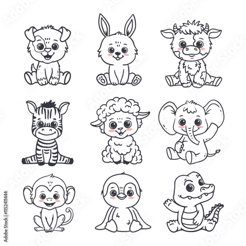 Set of cartoon cute animals including puppy, dog, penguin, monkey, zebra, crocodile, sheep, cow and elephant, bunny, rabbit. Jungle and forest animals for magazines, postcards. Vector illustration