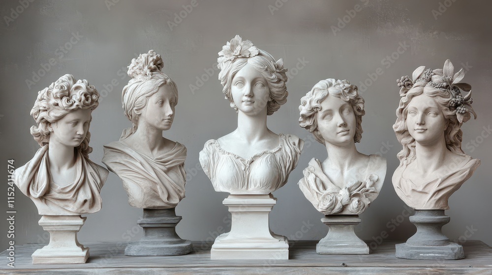 Obraz premium Gypsum busts and statues of different sizes.