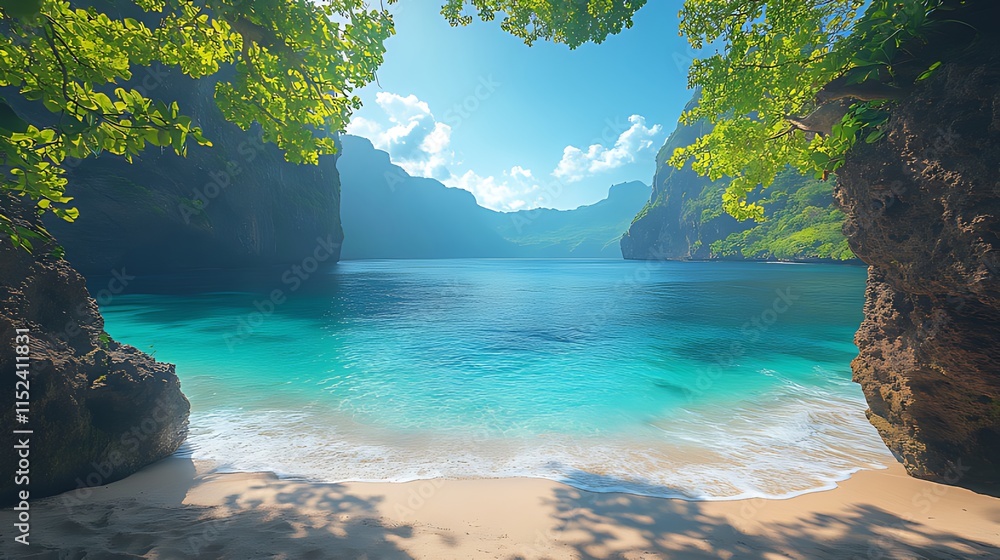 Fototapeta premium Secluded tropical beach cove with turquoise water, sunlight, and lush green foliage.