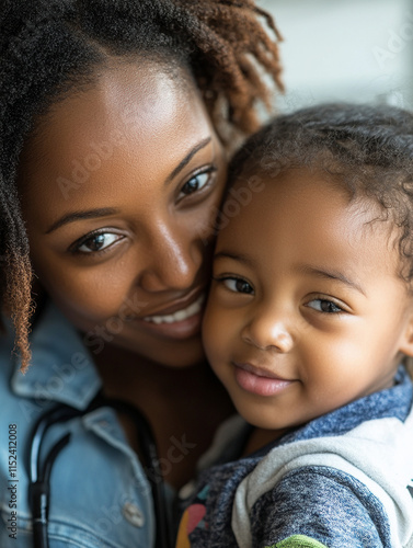 Smiling mother and child share a joyful moment together