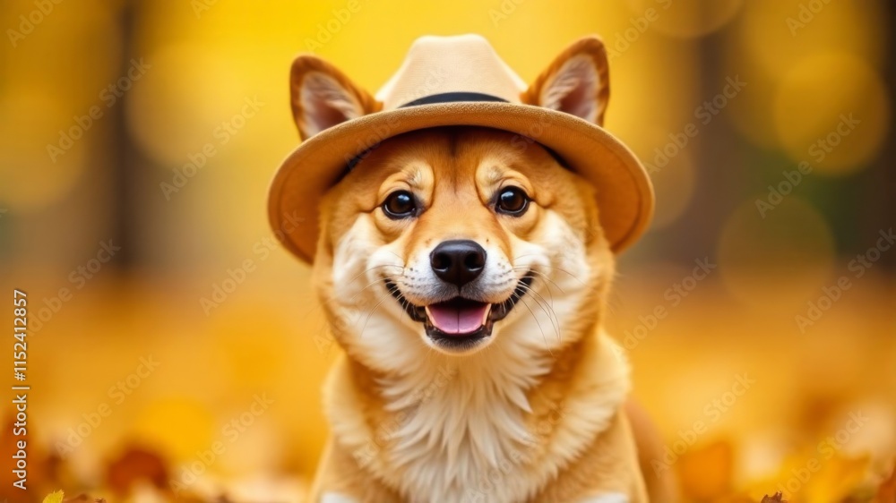 Shiba Inu in a hat looks at the camera in an autumn park Shiba Inu in a hat looks at the camera in an autumn park