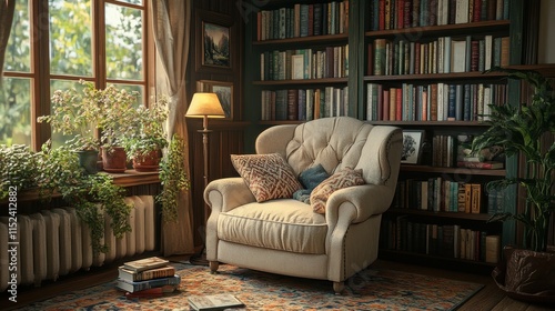Inviting reading nook with a comfy chair, a stack of books, and a floor lamp casting a warm glow.