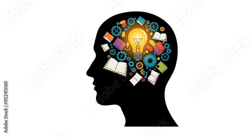 Silhouette head filled with educational symbols like gears, books and a lightbulb, symbolizing inspiration and innovation, designed in vibrant illustrative style photo