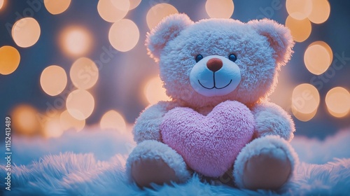 Wallpaper Mural A Valentine's Day teddy bear holding a pink heart, sitting on a fluffy surface with warm bokeh lights glowing in the background, creating a cozy and romantic atmosphere Torontodigital.ca