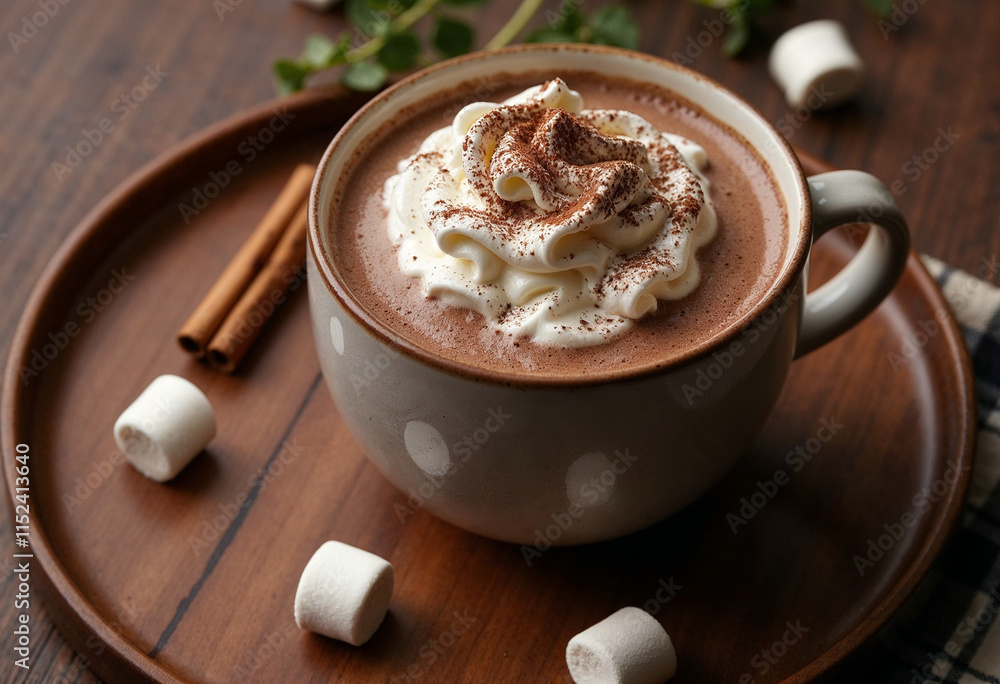 Creamy Hot Chocolate with Whipped Cream, Cocoa Powder, and Marshmallows