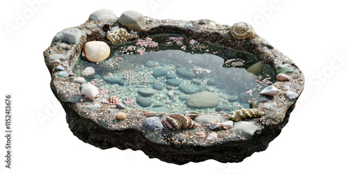 Natural rock pool with shells and stones isolated on transparent background