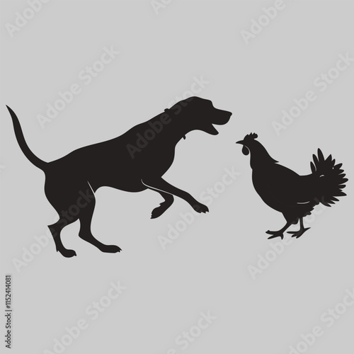 A dog trying to hunt a hen silhouette vector design art and illustration