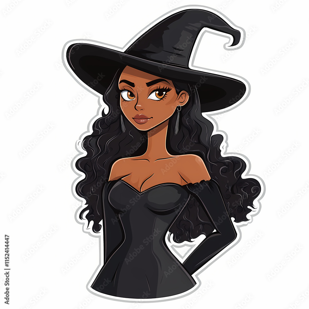 Stylish girl character in black attire with long curly hair and pointed hat. Generative AI Stylish girl character in black attire with long curly hair and pointed hat. Generative AI