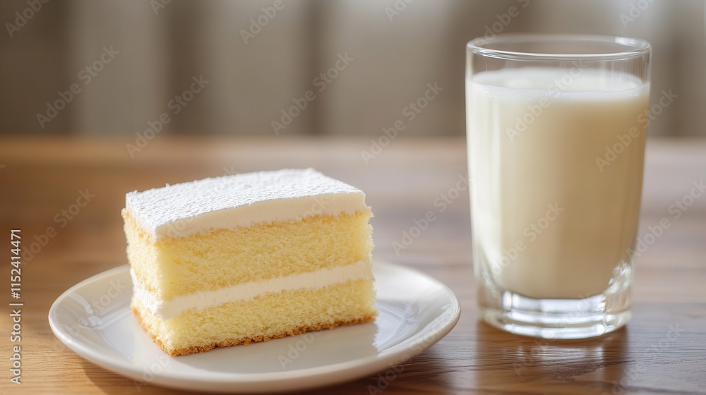 Milk glass and Pasiego sponge cake on plate Milk glass and Pasiego sponge cake on plate